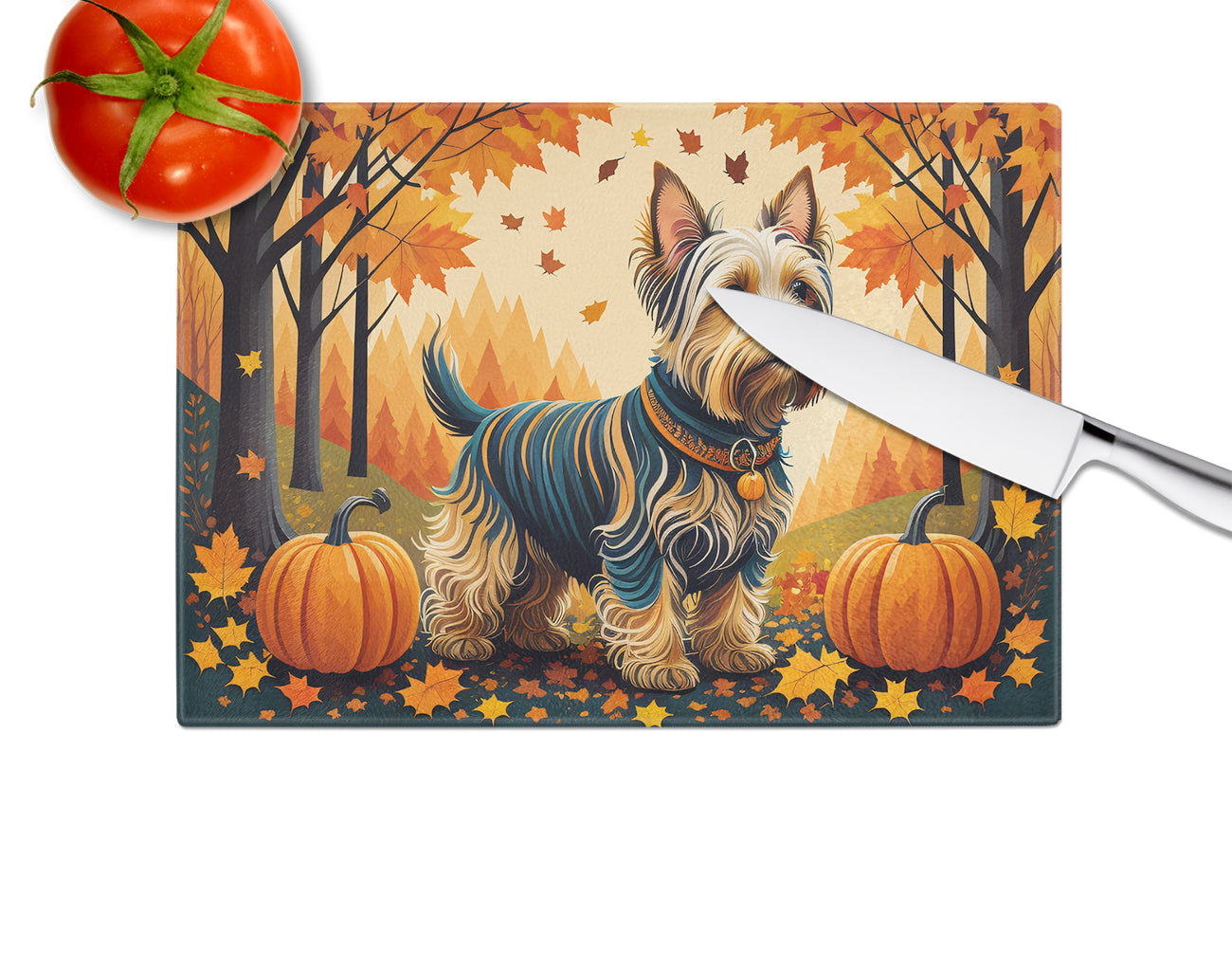 Silky Terrier Fall Cutting Board Tempered Glass Kitchen Cutting Surface, Heat Resistant Chopping, Non-Slip Feet, Food Prep & Serving