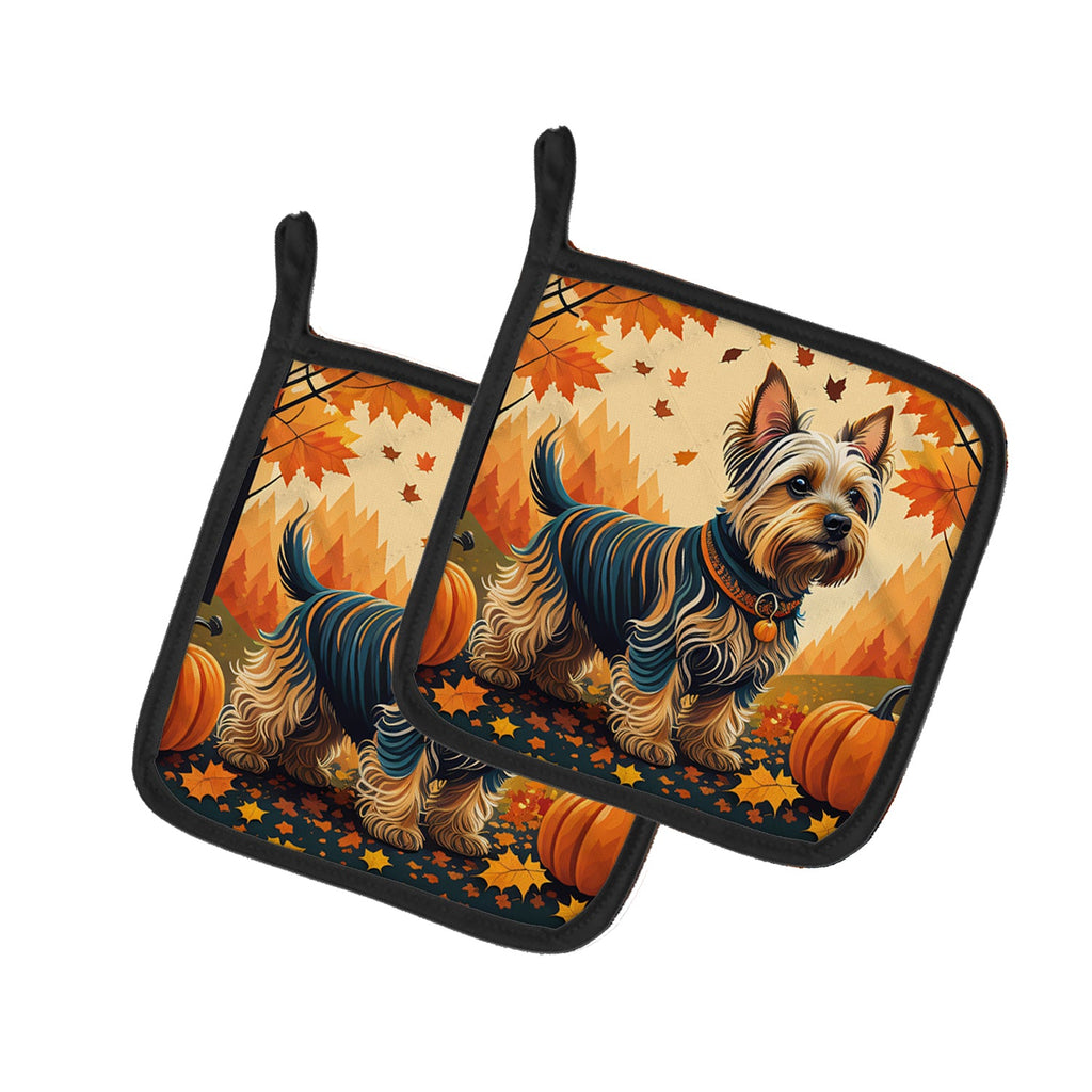 Silky Terrier Fall Pot Holder Set of 2 Heat Resistant Quilted Hot Pads 7.5 x 7.5 Inch, Insulated Kitchen Trivets for Cooking & Baking