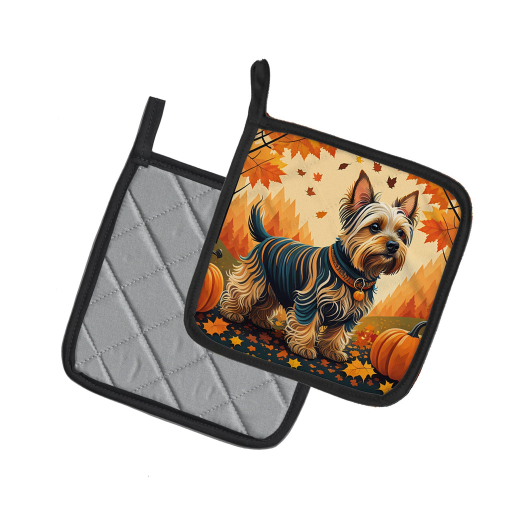 Silky Terrier Fall Pot Holder Set of 2 Heat Resistant Quilted Hot Pads 7.5 x 7.5 Inch, Insulated Kitchen Trivets for Cooking & Baking