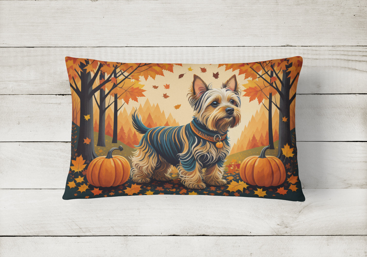 Silky Terrier Fall Decorative Throw Pillow 12x16 Indoor Outdoor Accent Cushion, Fabric Cover with Insert for Sofa, Bed, Porch & Living Room