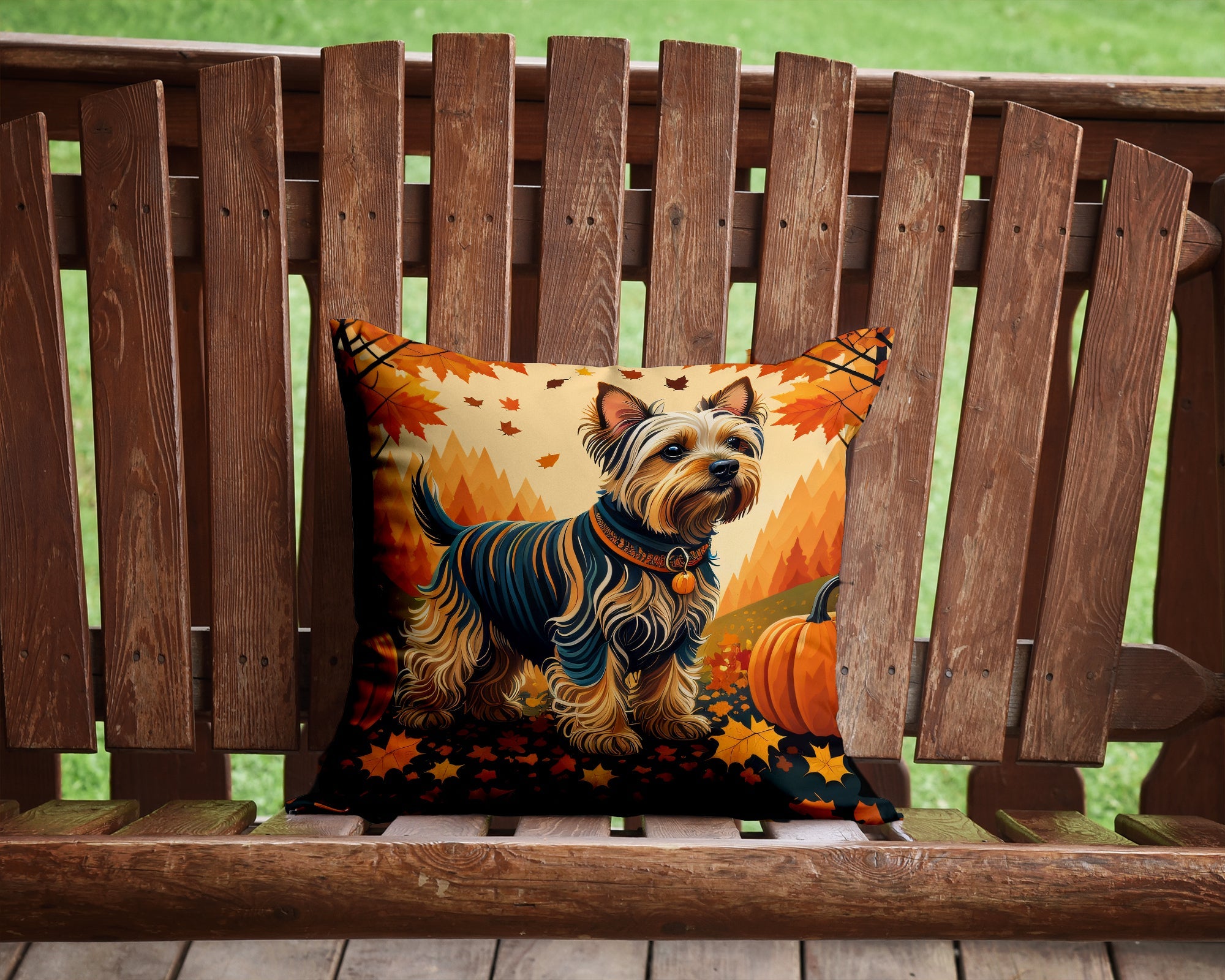 Silky Terrier Fall Decorative Throw Pillow 14x14 Indoor Outdoor Accent Cushion, Fabric Cover with Insert for Sofa, Bed, Porch & Living Room