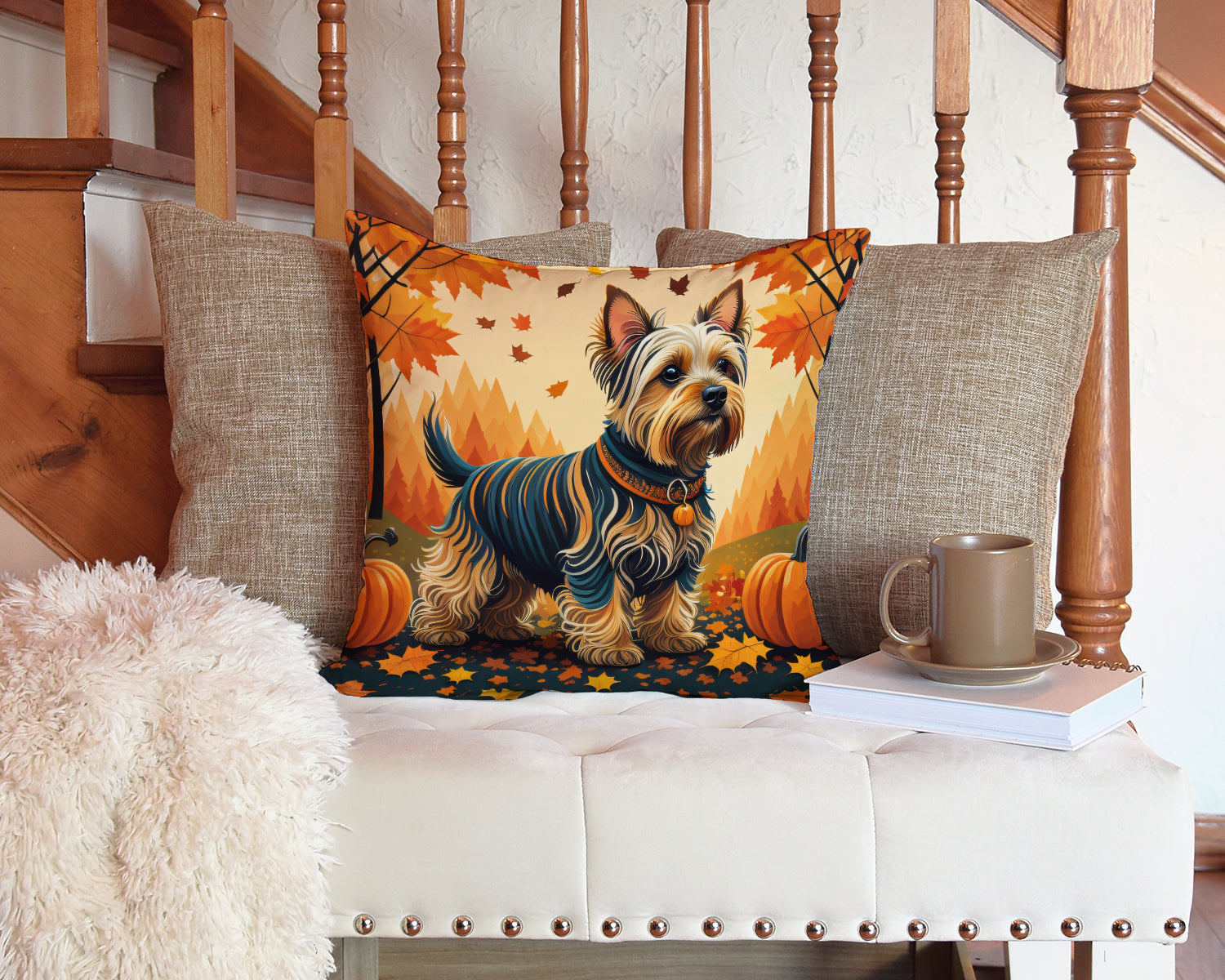 Silky Terrier Fall Decorative Throw Pillow 14x14 Indoor Outdoor Accent Cushion, Fabric Cover with Insert for Sofa, Bed, Porch & Living Room