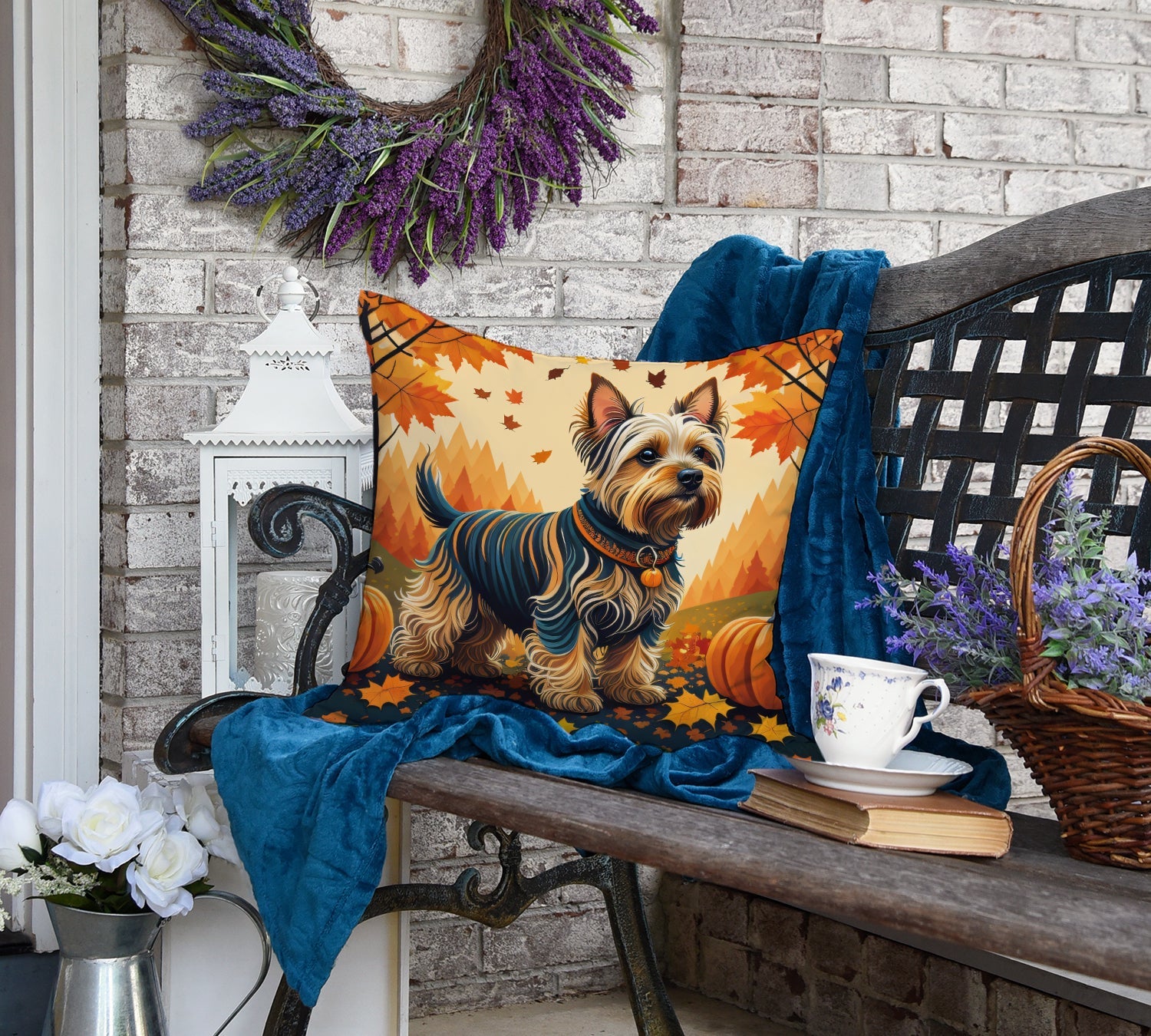 Silky Terrier Fall Decorative Throw Pillow 18x18 Indoor Outdoor Accent Cushion, Fabric Cover with Insert for Sofa, Bed, Porch & Living Room