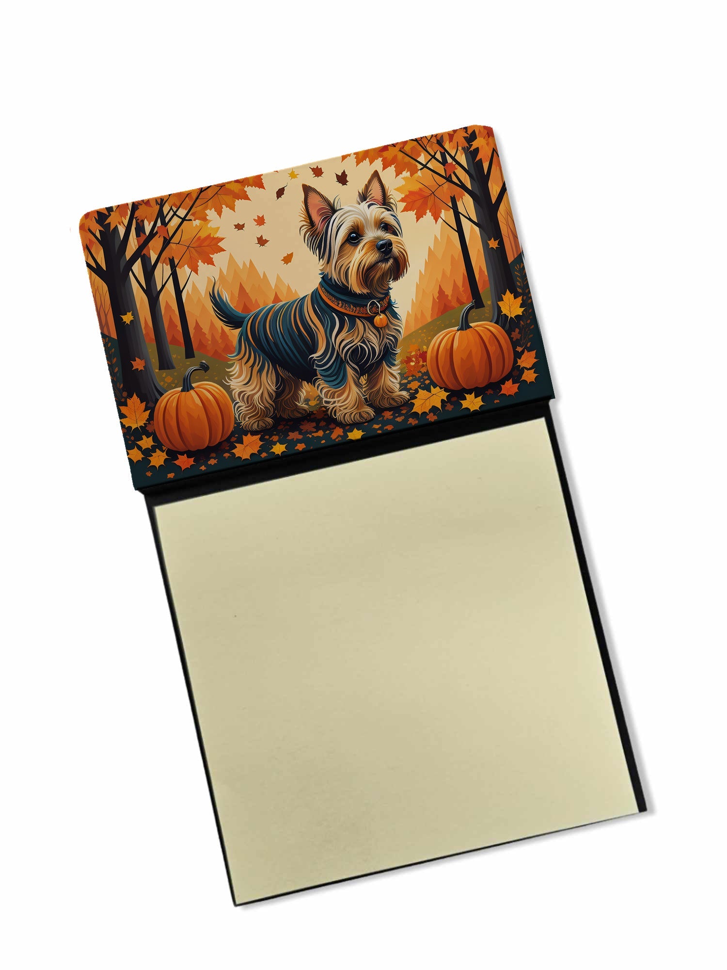 Silky Terrier Fall Watercolor Sticky Note Holder Refillable Dispenser Desk Accessory 3x3 Pad Gift