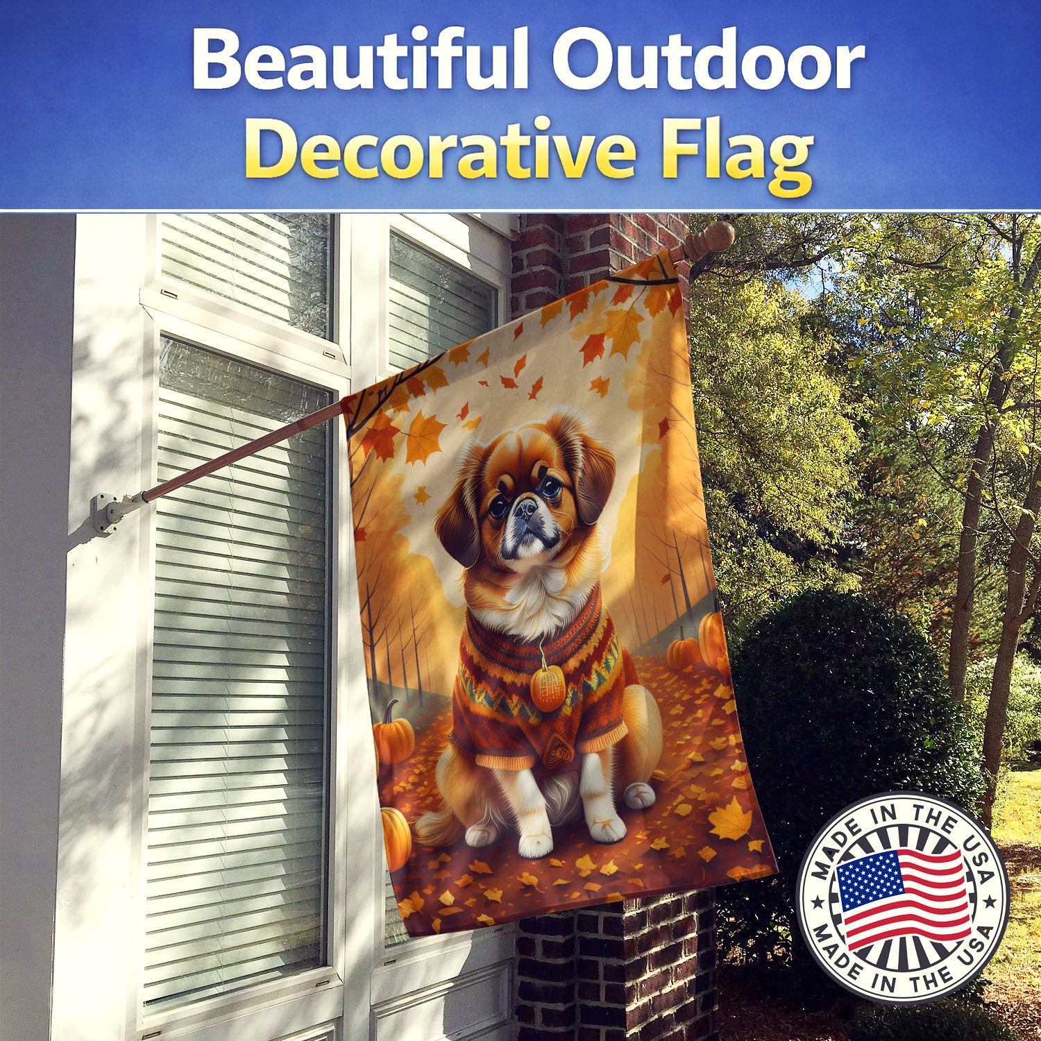 Tibetan Spaniel Fall House Flag 28x40 Porch Sleeve Pole Decorative Outside Yard Banner Artwork Wall Hanging, Polyester