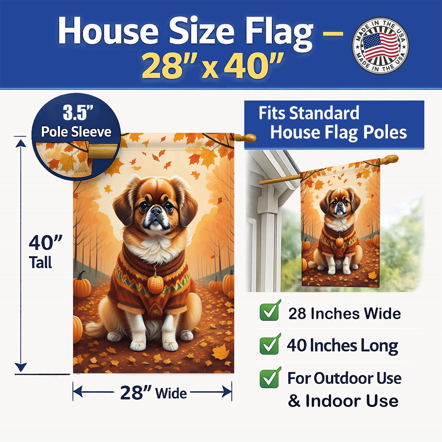 Tibetan Spaniel Fall House Flag 28x40 Porch Sleeve Pole Decorative Outside Yard Banner Artwork Wall Hanging, Polyester