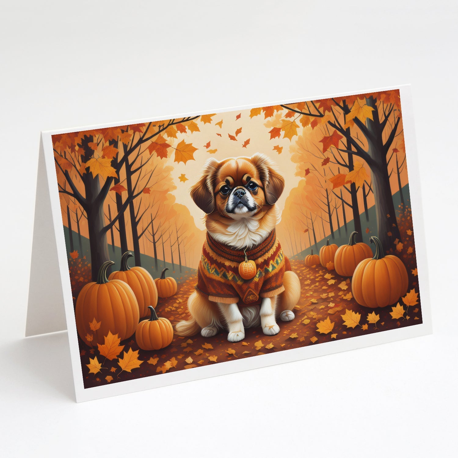 Tibetan Spaniel Fall Greeting Cards Pack of 8 Blank Cards with Envelopes Whimsical A7 Size 5x7