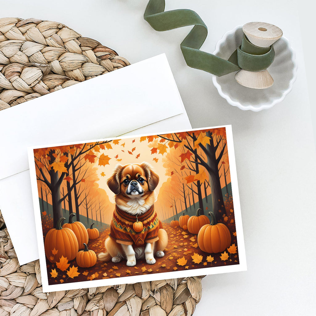Tibetan Spaniel Fall Greeting Cards Pack of 8 Blank Cards with Envelopes Whimsical A7 Size 5x7