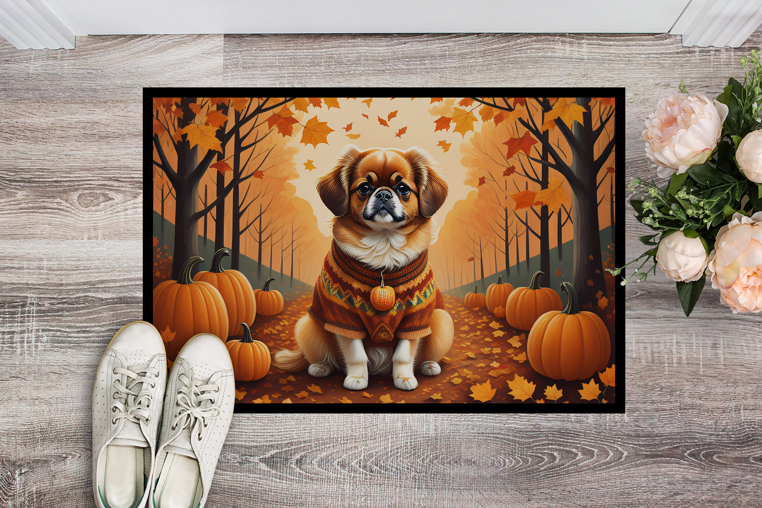 Tibetan Spaniel Fall Doormat Indoor Outdoor 24H X 36W Front Door Mat Rugs for Entryway, Non Slip Washable Low Pile,