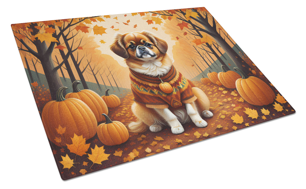 Tibetan Spaniel Fall Cutting Board Tempered Glass Kitchen Cutting Surface, Heat Resistant Chopping, Non-Slip Feet, Food Prep & Serving