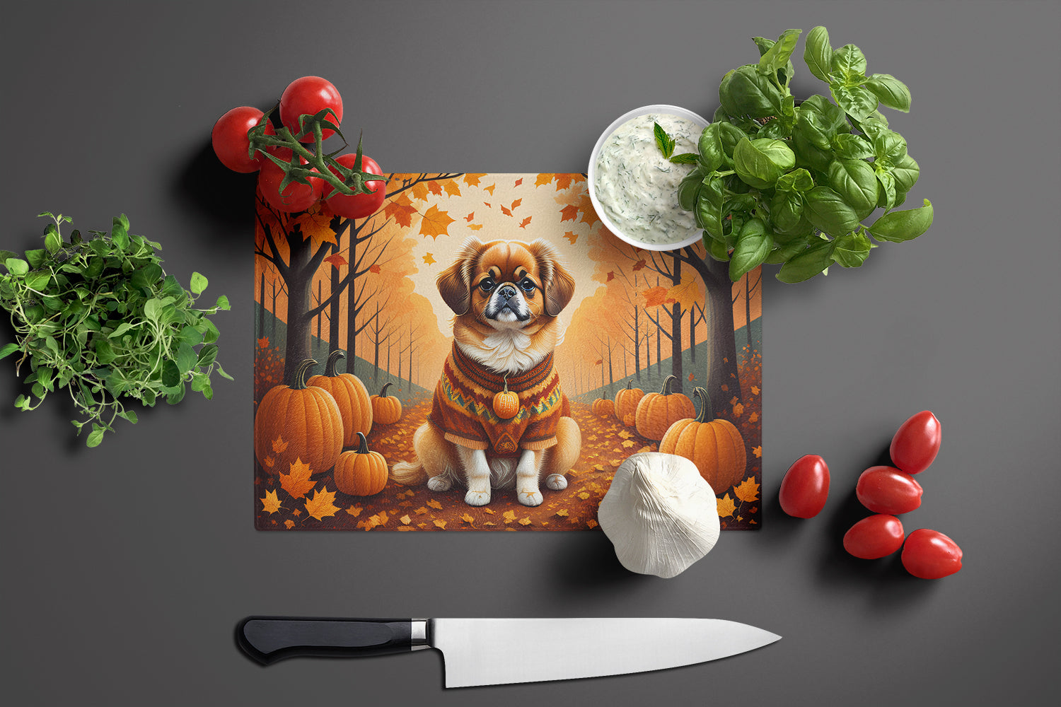Tibetan Spaniel Fall Cutting Board Tempered Glass Kitchen Cutting Surface, Heat Resistant Chopping, Non-Slip Feet, Food Prep & Serving