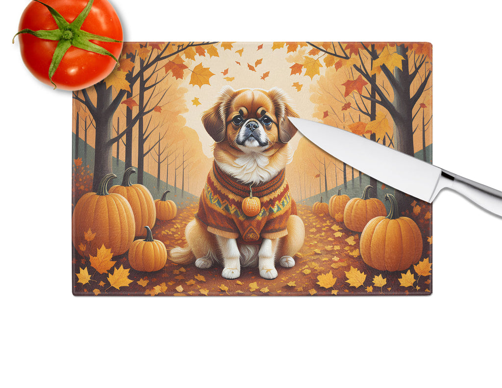 Tibetan Spaniel Fall Cutting Board Tempered Glass Kitchen Cutting Surface, Heat Resistant Chopping, Non-Slip Feet, Food Prep & Serving