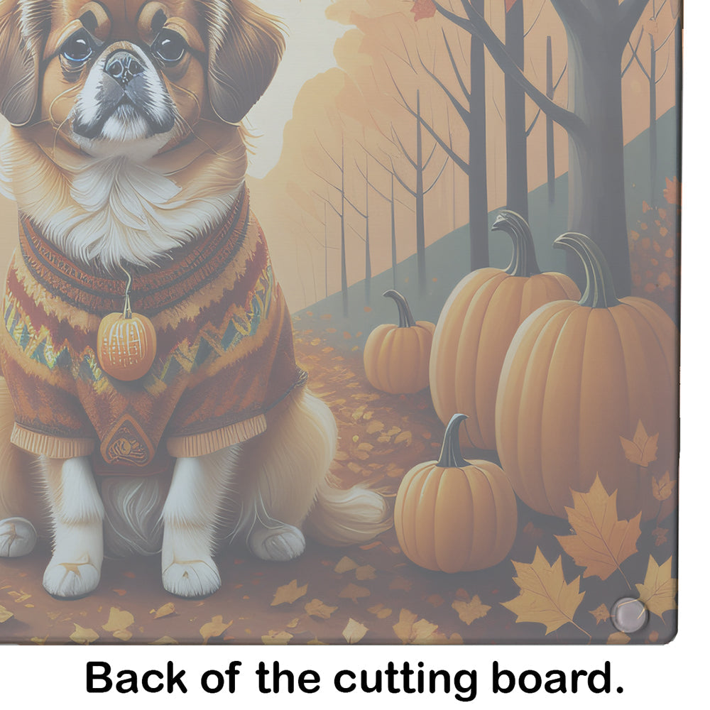 Tibetan Spaniel Fall Cutting Board Tempered Glass Kitchen Cutting Surface, Heat Resistant Chopping, Non-Slip Feet, Food Prep & Serving