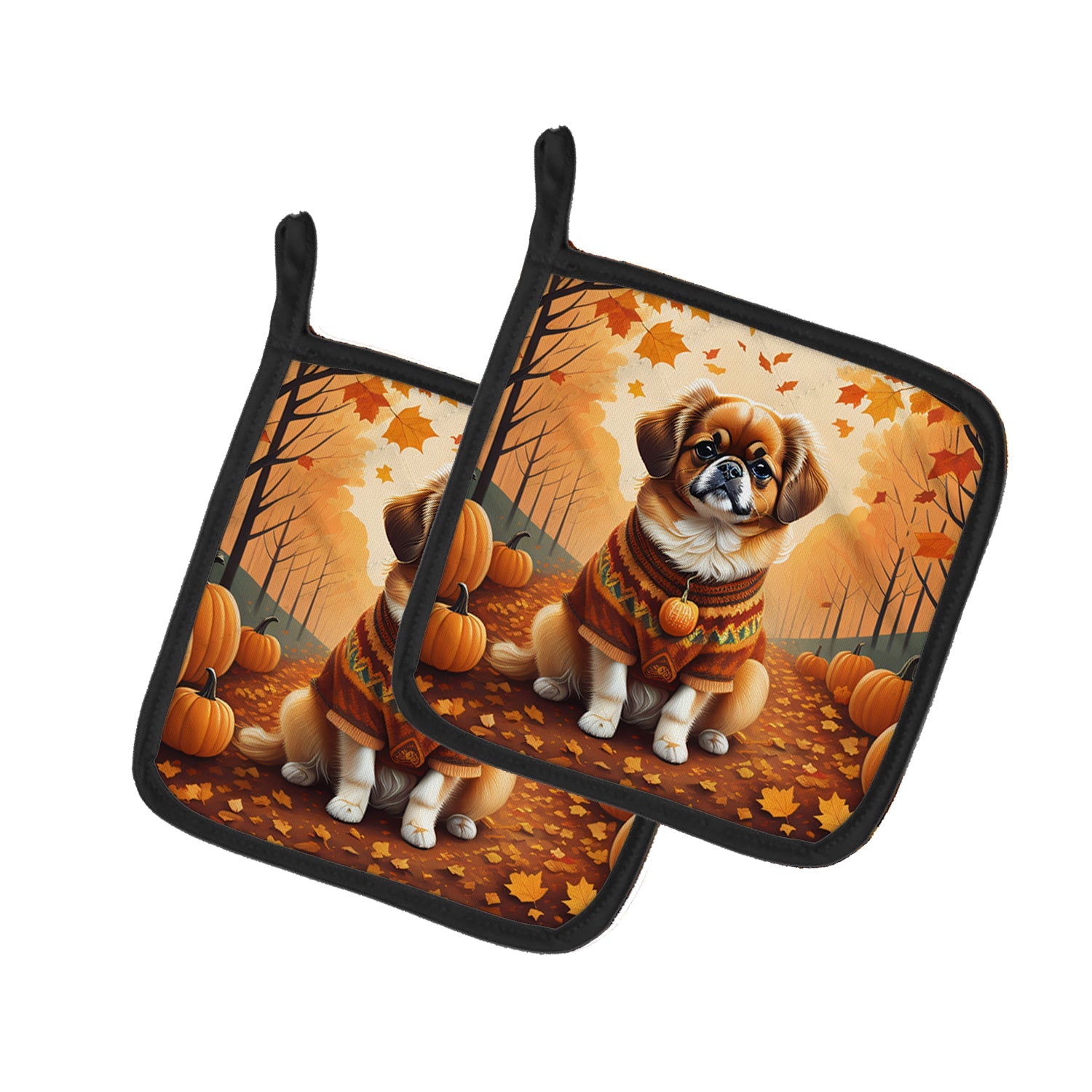 Tibetan Spaniel Fall Pot Holder Set of 2 Heat Resistant Quilted Hot Pads 7.5 x 7.5 Inch, Insulated Kitchen Trivets for Cooking & Baking