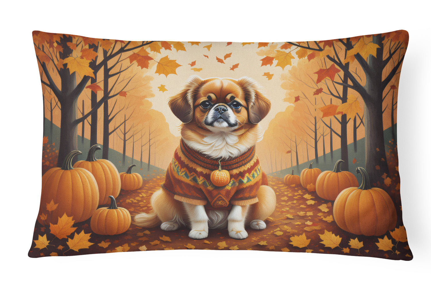 Tibetan Spaniel Fall Decorative Throw Pillow 12x16 Indoor Outdoor Accent Cushion, Fabric Cover with Insert for Sofa, Bed, Porch & Living Room