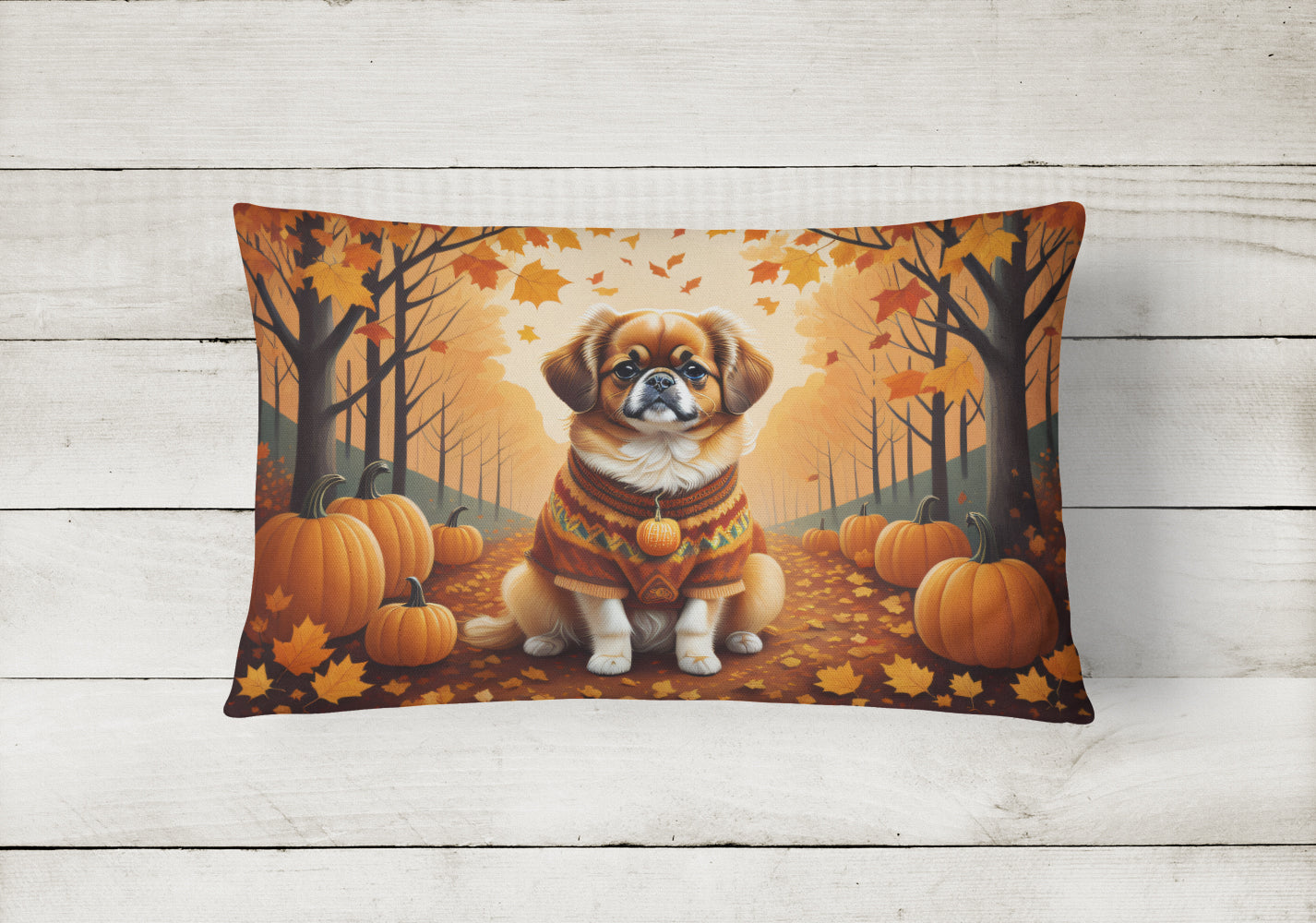 Tibetan Spaniel Fall Decorative Throw Pillow 12x16 Indoor Outdoor Accent Cushion, Fabric Cover with Insert for Sofa, Bed, Porch & Living Room
