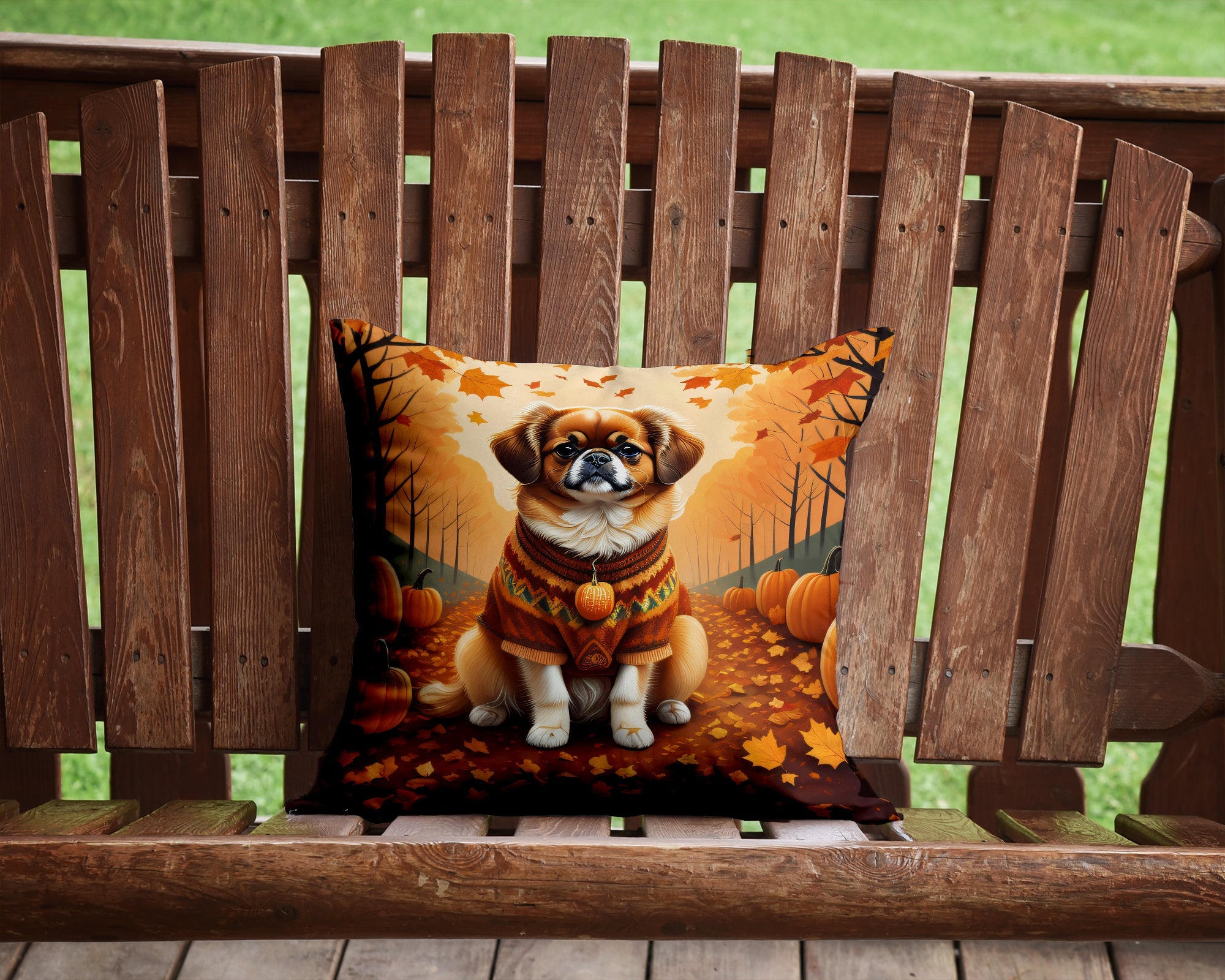 Tibetan Spaniel Fall Decorative Throw Pillow 14x14 Indoor Outdoor Accent Cushion, Fabric Cover with Insert for Sofa, Bed, Porch & Living Room