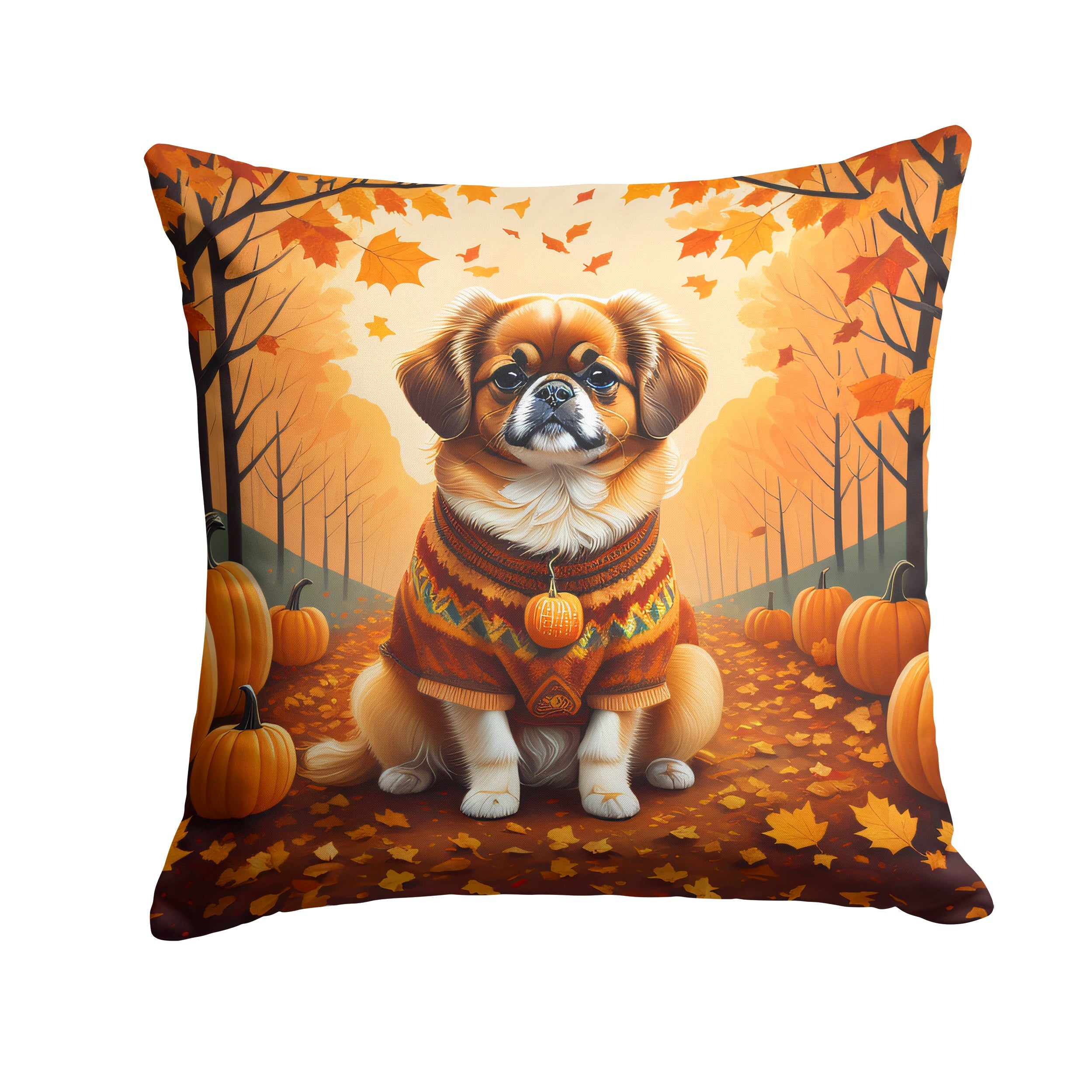 Tibetan Spaniel Fall Decorative Throw Pillow 18x18 Indoor Outdoor Accent Cushion, Fabric Cover with Insert for Sofa, Bed, Porch & Living Room