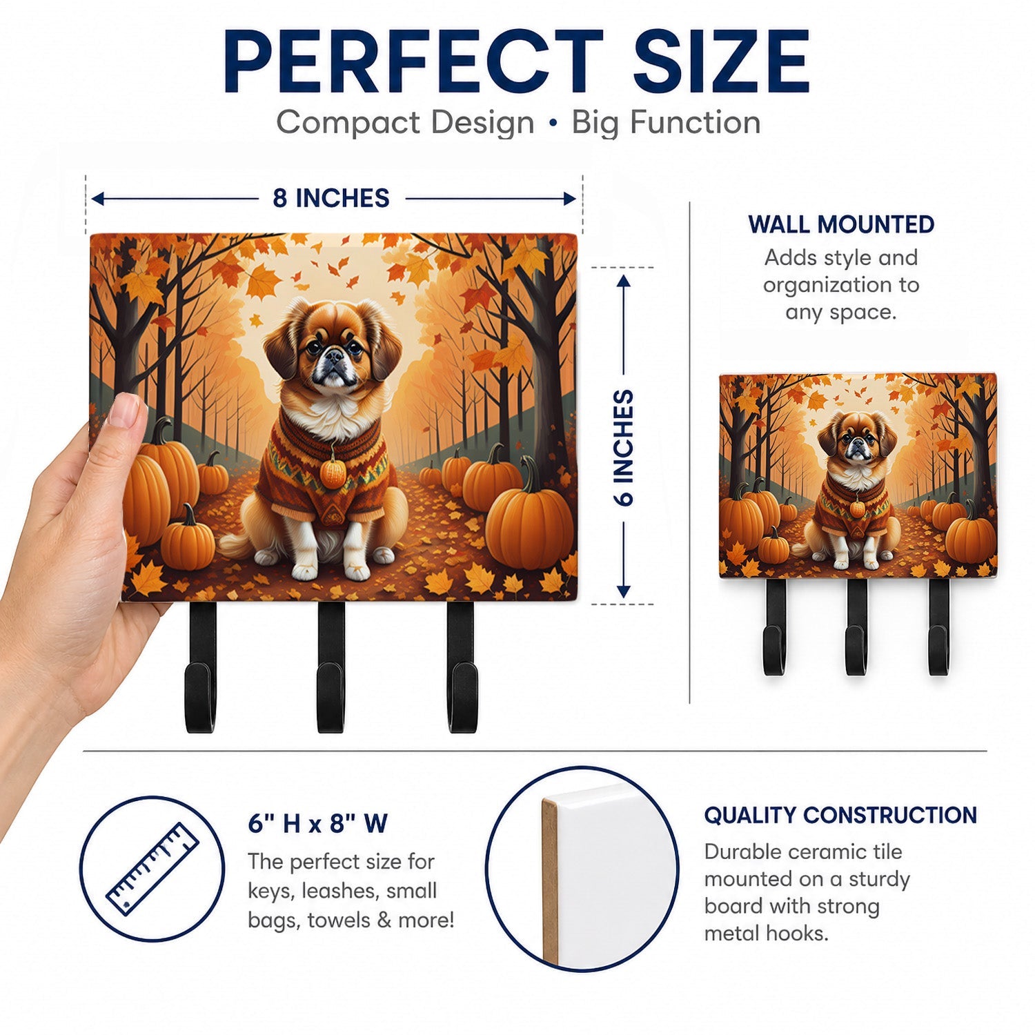 Tibetan Spaniel Fall Leash or Key Holder Wall Hooks, Coat Rack Wall Mount, for Hanging Keys, Towels, Aprons, Leashes