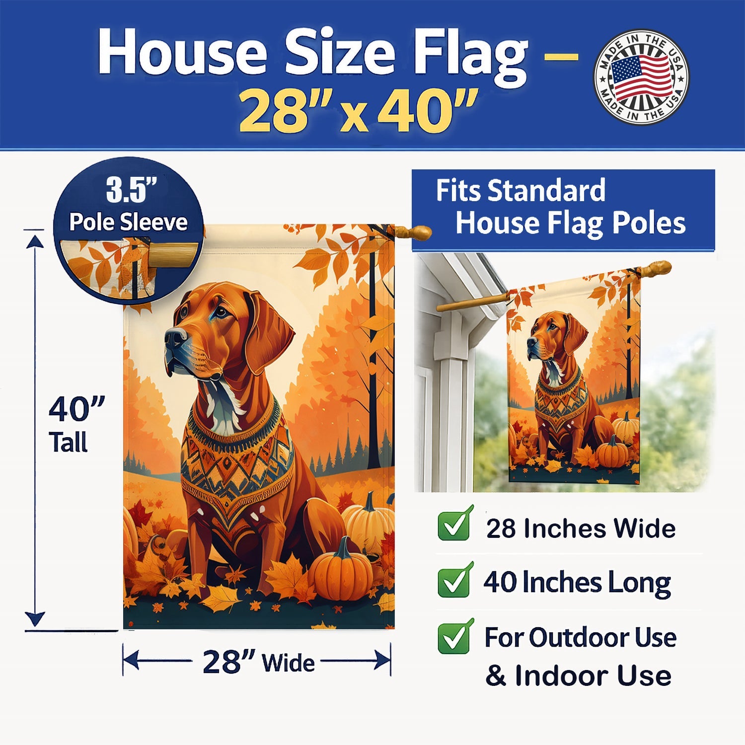 Vizsla Fall House Flag 28x40 Porch Sleeve Pole Decorative Outside Yard Banner Artwork Wall Hanging, Polyester