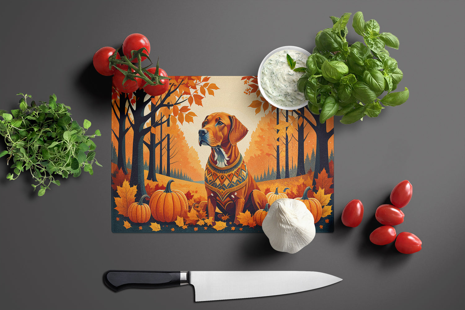 Vizsla Fall Cutting Board Tempered Glass Kitchen Cutting Surface, Heat Resistant Chopping, Non-Slip Feet, Food Prep & Serving