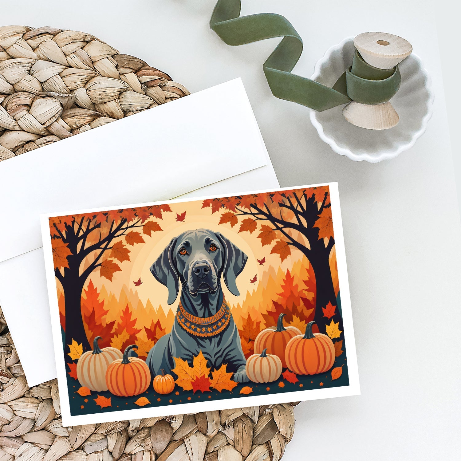 Weimaraner Fall Greeting Cards Pack of 8 Blank Cards with Envelopes Whimsical A7 Size 5x7