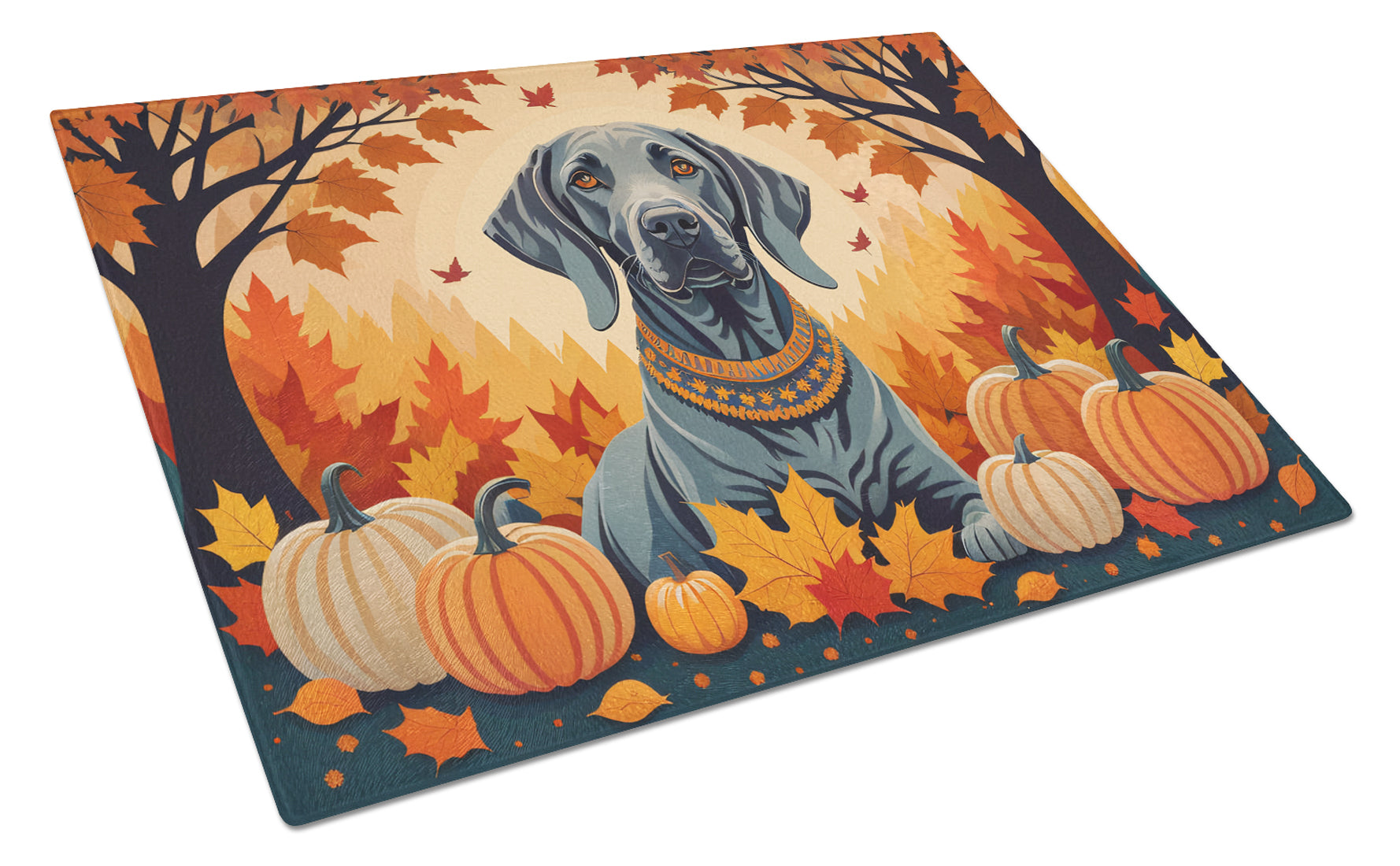 Weimaraner Fall Cutting Board Tempered Glass Kitchen Cutting Surface, Heat Resistant Chopping, Non-Slip Feet, Food Prep & Serving