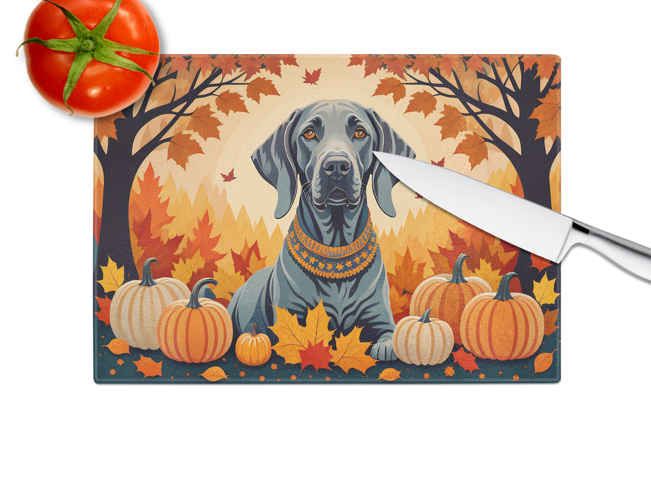 Weimaraner Fall Cutting Board Tempered Glass Kitchen Cutting Surface, Heat Resistant Chopping, Non-Slip Feet, Food Prep & Serving