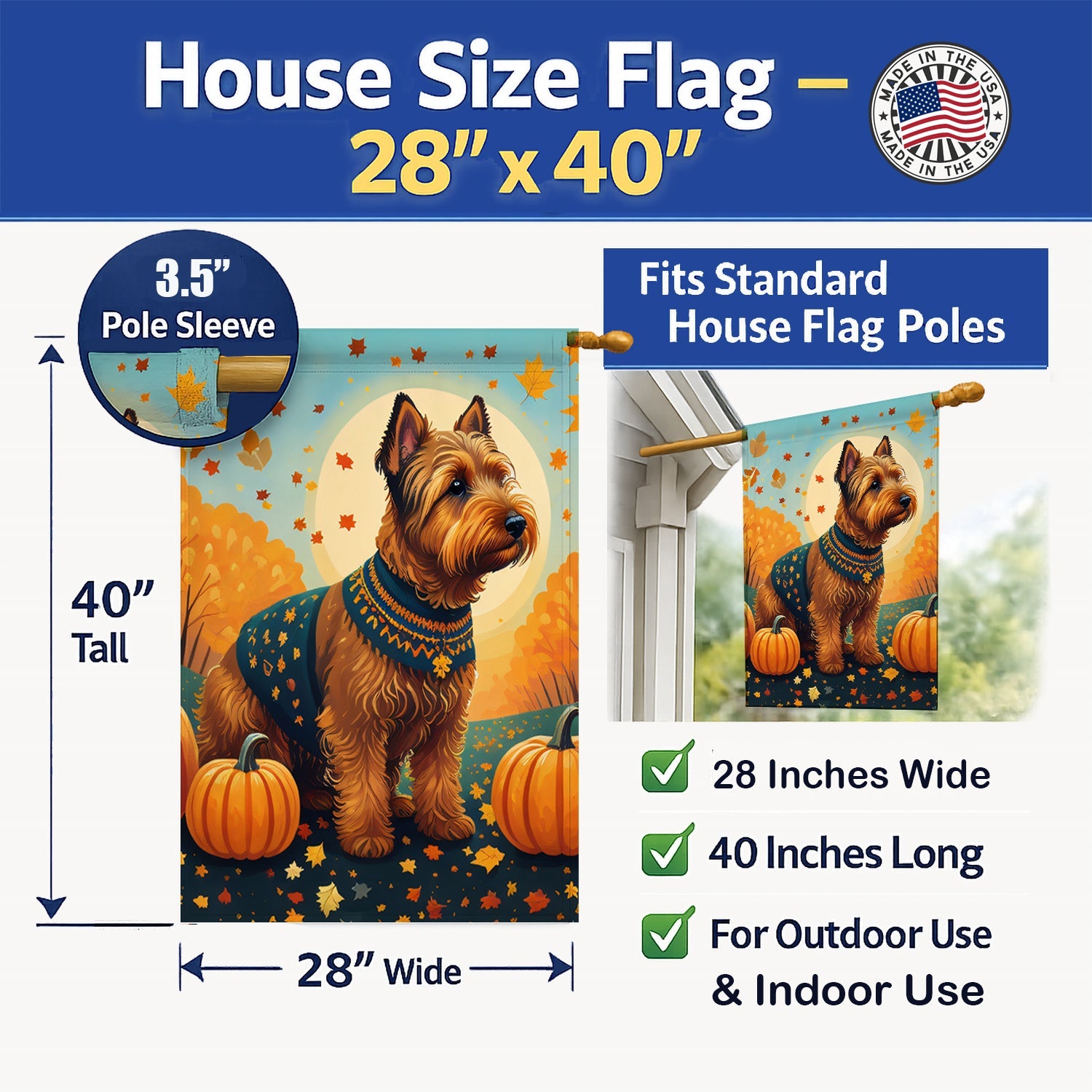 Welsh Terrier Fall House Flag 28x40 Porch Sleeve Pole Decorative Outside Yard Banner Artwork Wall Hanging, Polyester
