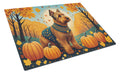 Welsh Terrier Fall Cutting Board Tempered Glass Kitchen Cutting Surface, Heat Resistant Chopping, Non-Slip Feet, Food Prep & Serving