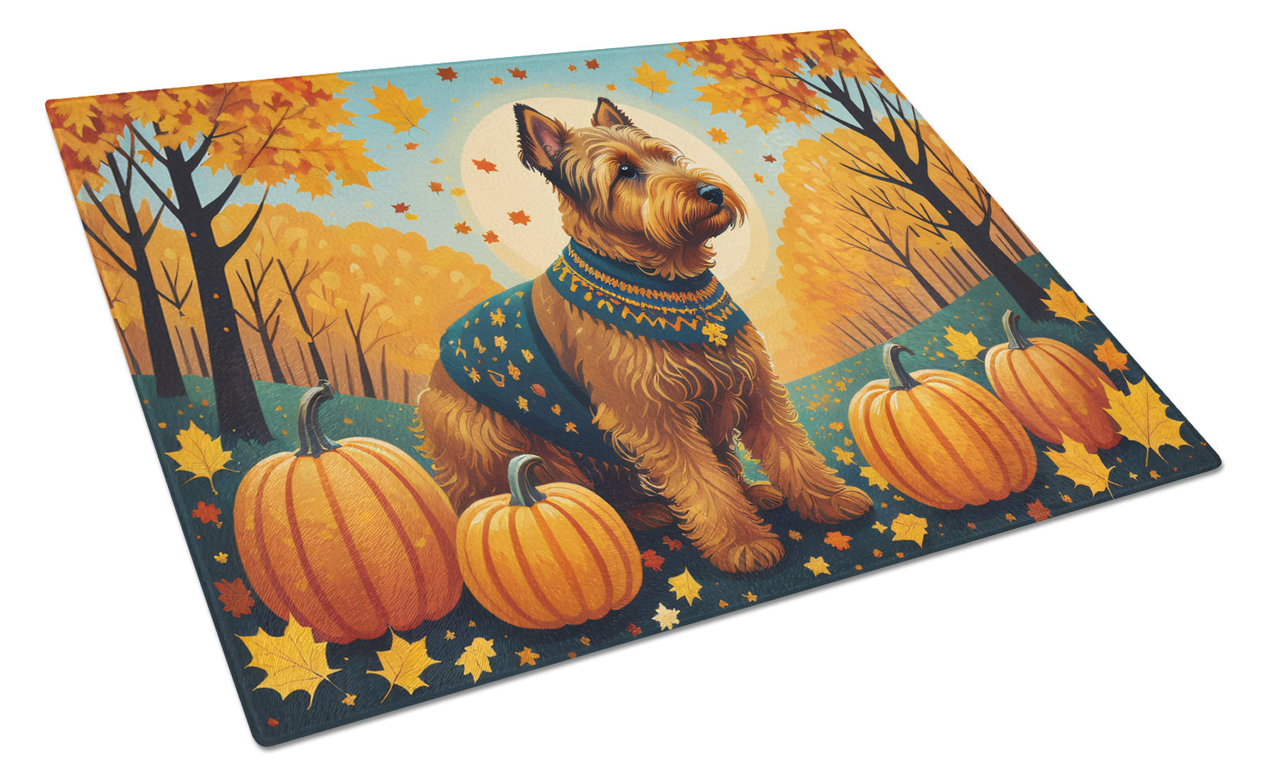 Welsh Terrier Fall Cutting Board Tempered Glass Kitchen Cutting Surface, Heat Resistant Chopping, Non-Slip Feet, Food Prep & Serving