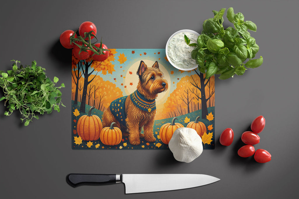 Welsh Terrier Fall Cutting Board Tempered Glass Kitchen Cutting Surface, Heat Resistant Chopping, Non-Slip Feet, Food Prep & Serving