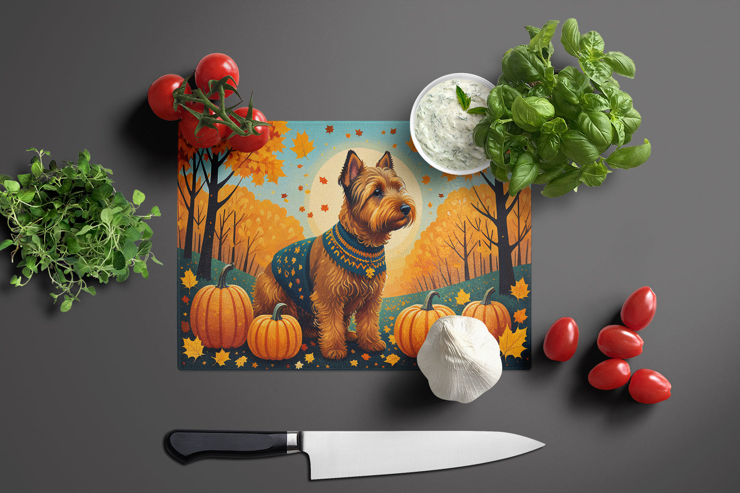 Welsh Terrier Fall Cutting Board Tempered Glass Kitchen Cutting Surface, Heat Resistant Chopping, Non-Slip Feet, Food Prep & Serving