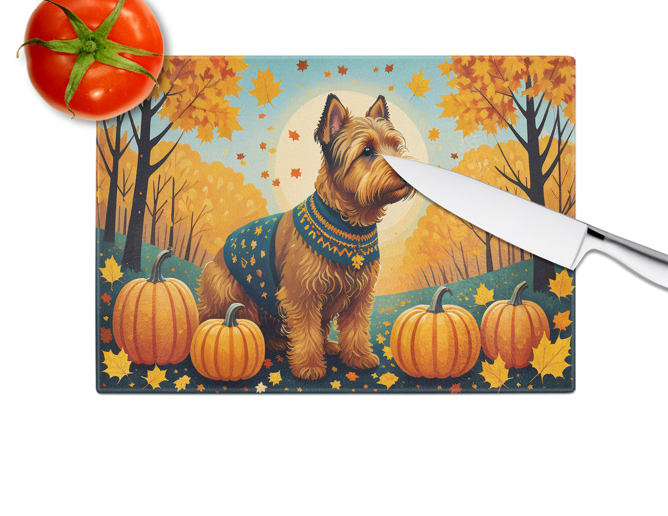 Welsh Terrier Fall Cutting Board Tempered Glass Kitchen Cutting Surface, Heat Resistant Chopping, Non-Slip Feet, Food Prep & Serving
