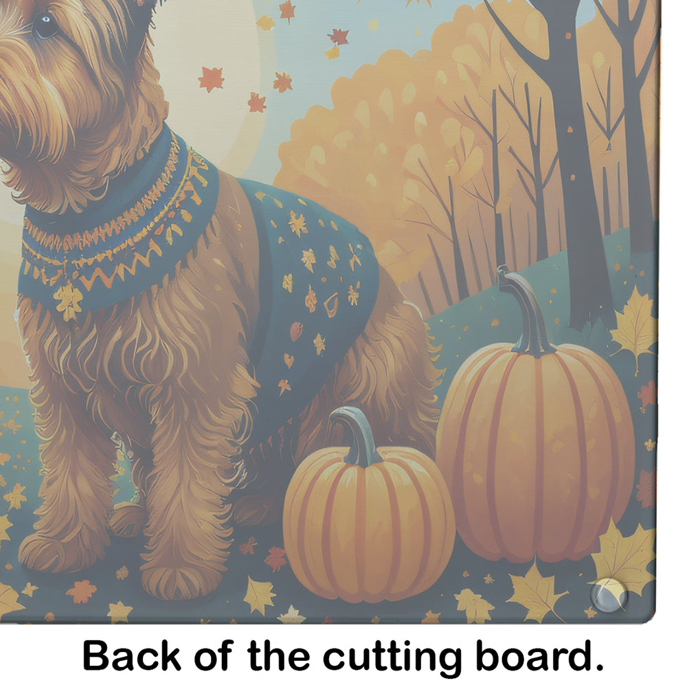 Welsh Terrier Fall Cutting Board Tempered Glass Kitchen Cutting Surface, Heat Resistant Chopping, Non-Slip Feet, Food Prep & Serving