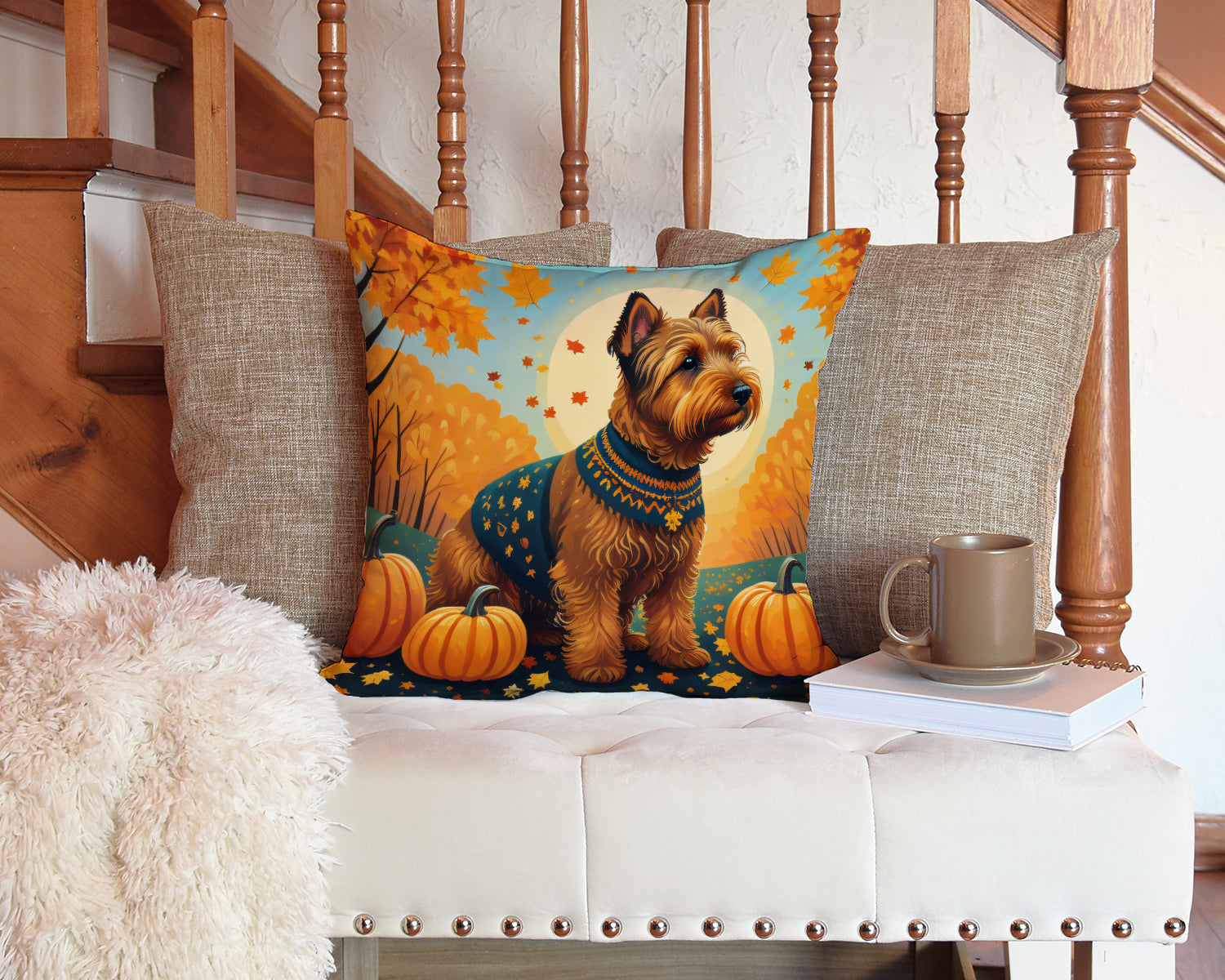Welsh Terrier Fall Decorative Throw Pillow 14x14 Indoor Outdoor Accent Cushion, Fabric Cover with Insert for Sofa, Bed, Porch & Living Room
