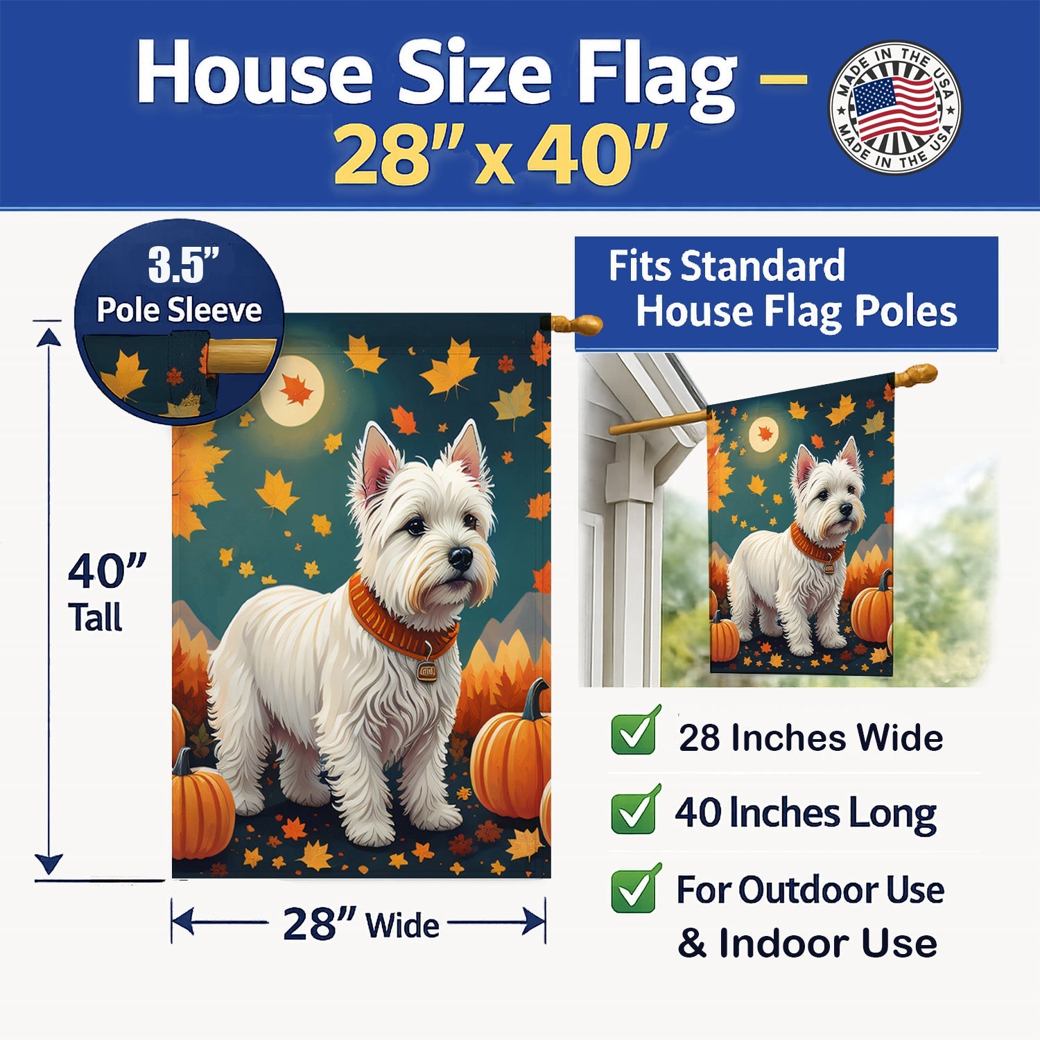 Westie Fall House Flag 28x40 Porch Sleeve Pole Decorative Outside Yard Banner Artwork Wall Hanging, Polyester