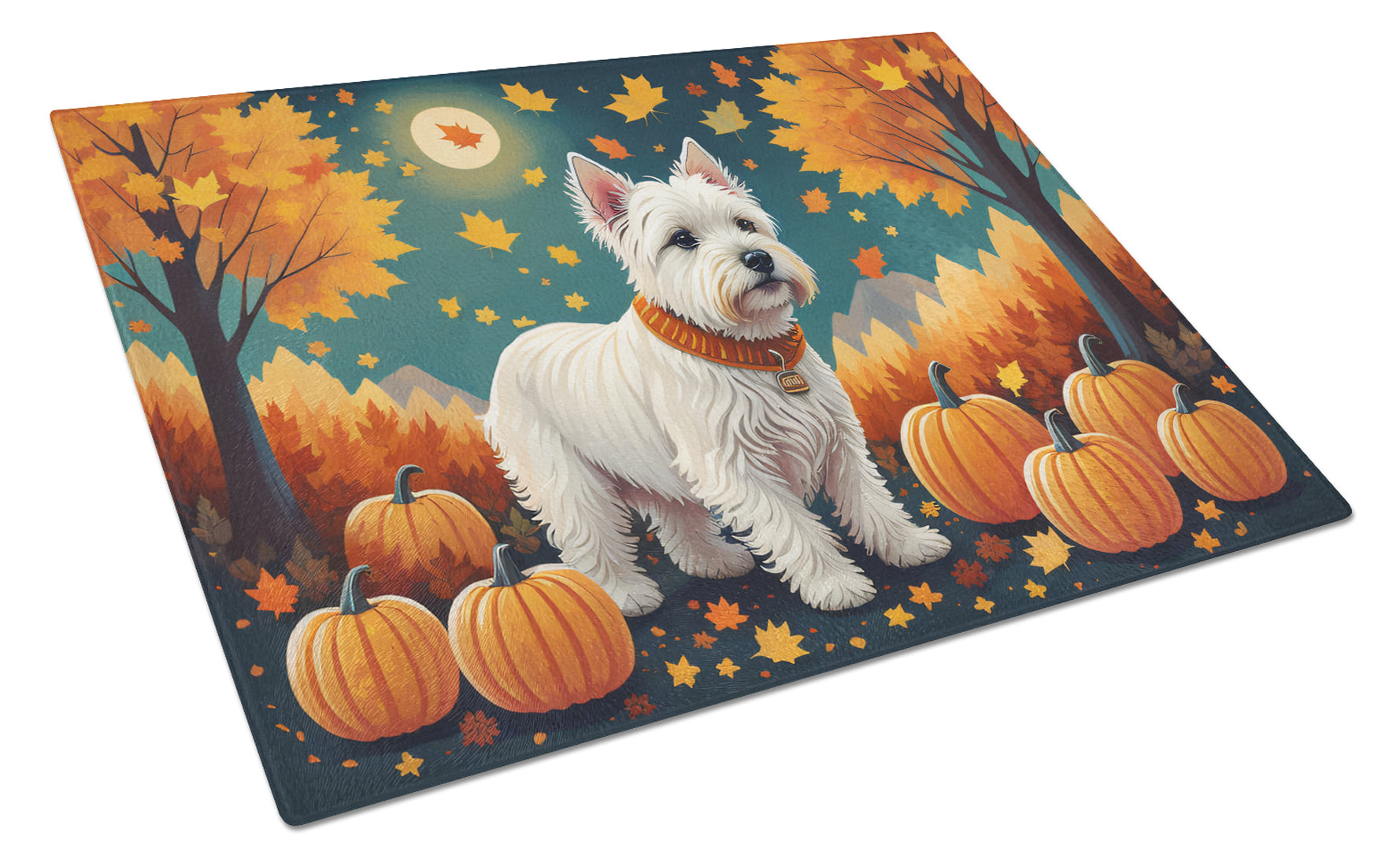 Westie Fall Cutting Board Tempered Glass Kitchen Cutting Surface, Heat Resistant Chopping, Non-Slip Feet, Food Prep & Serving