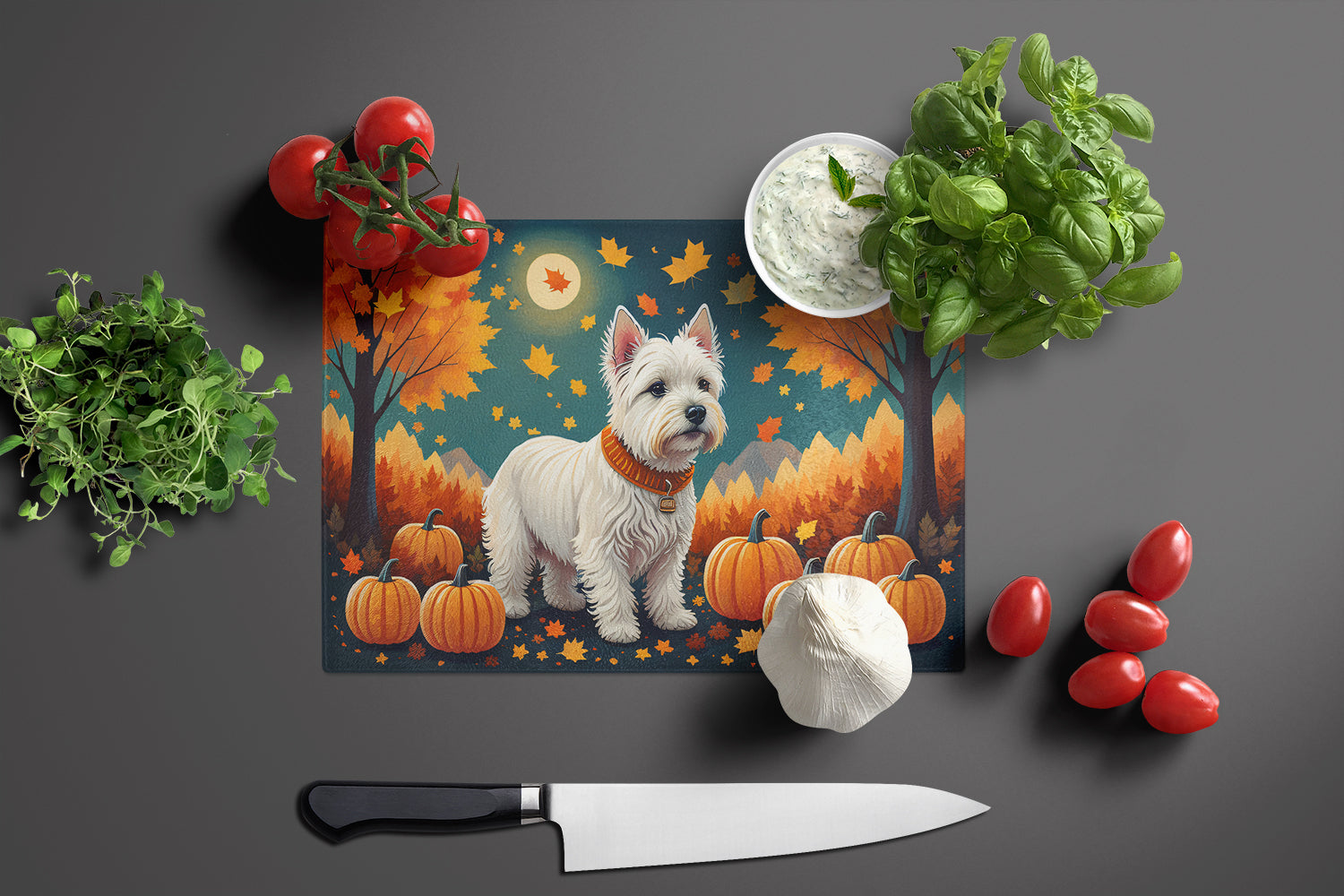 Westie Fall Cutting Board Tempered Glass Kitchen Cutting Surface, Heat Resistant Chopping, Non-Slip Feet, Food Prep & Serving