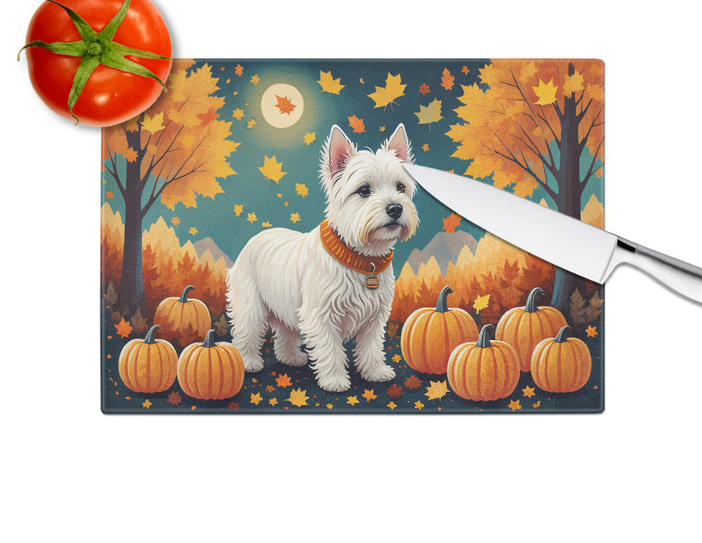 Westie Fall Cutting Board Tempered Glass Kitchen Cutting Surface, Heat Resistant Chopping, Non-Slip Feet, Food Prep & Serving