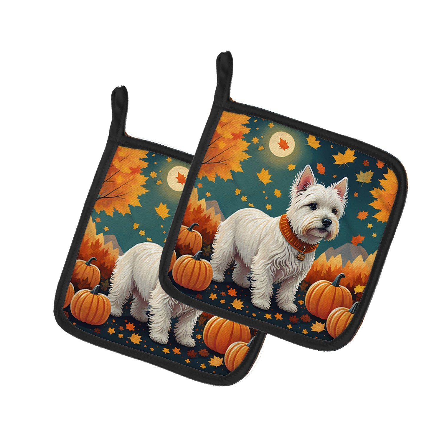 Westie Fall Pot Holder Set of 2 Heat Resistant Quilted Hot Pads 7.5 x 7.5 Inch, Insulated Kitchen Trivets for Cooking & Baking
