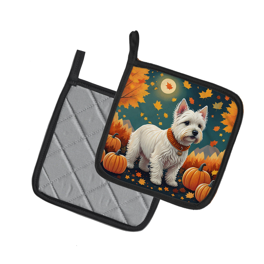 Westie Fall Pot Holder Set of 2 Heat Resistant Quilted Hot Pads 7.5 x 7.5 Inch, Insulated Kitchen Trivets for Cooking & Baking