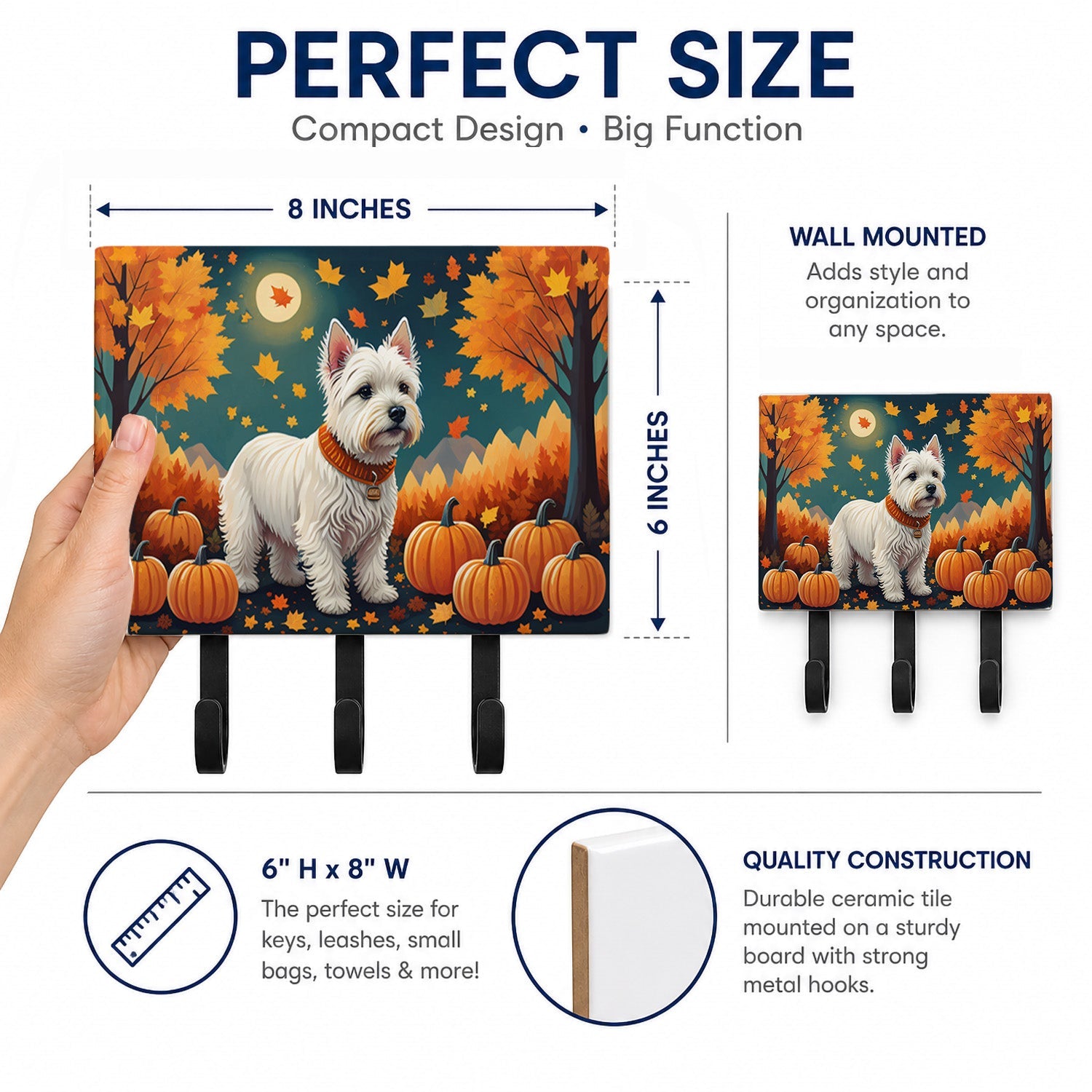 Westie Fall Leash or Key Holder Wall Hooks, Coat Rack Wall Mount, for Hanging Keys, Towels, Aprons, Leashes