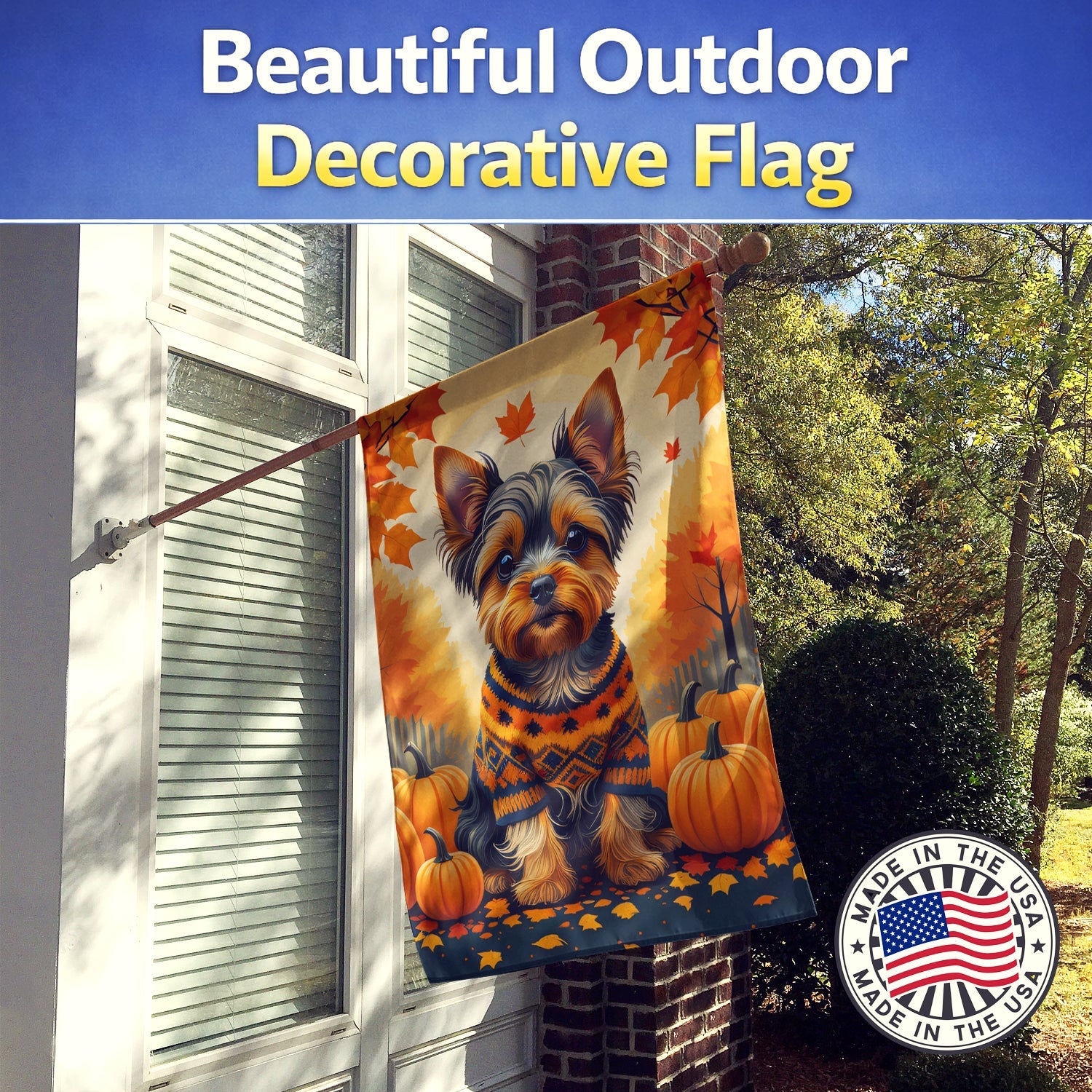 Yorkshire Terrier Fall House Flag 28x40 Porch Sleeve Pole Decorative Outside Yard Banner Artwork Wall Hanging, Polyester