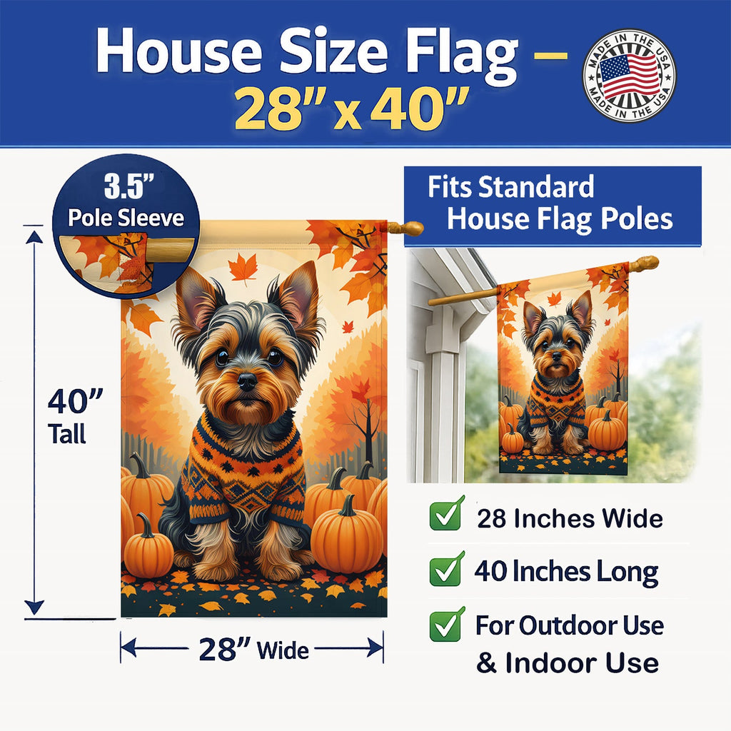 Yorkshire Terrier Fall House Flag 28x40 Porch Sleeve Pole Decorative Outside Yard Banner Artwork Wall Hanging, Polyester