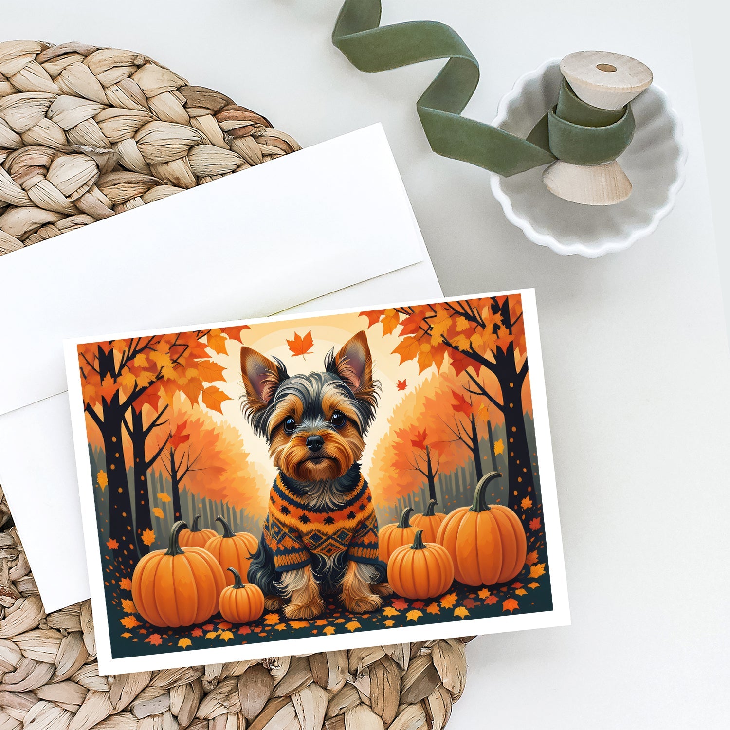 Yorkshire Terrier Fall Greeting Cards Pack of 8 Blank Cards with Envelopes Whimsical A7 Size 5x7