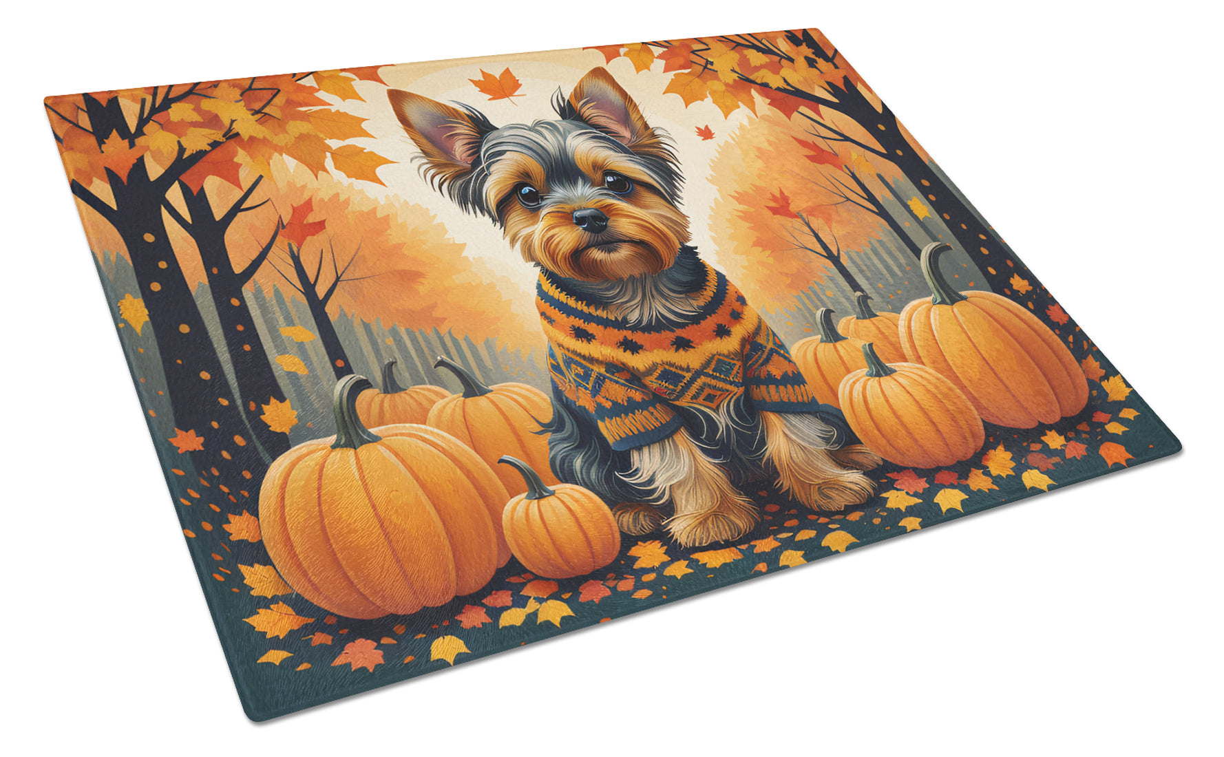 Yorkshire Terrier Fall Cutting Board Tempered Glass Kitchen Cutting Surface, Heat Resistant Chopping, Non-Slip Feet, Food Prep & Serving