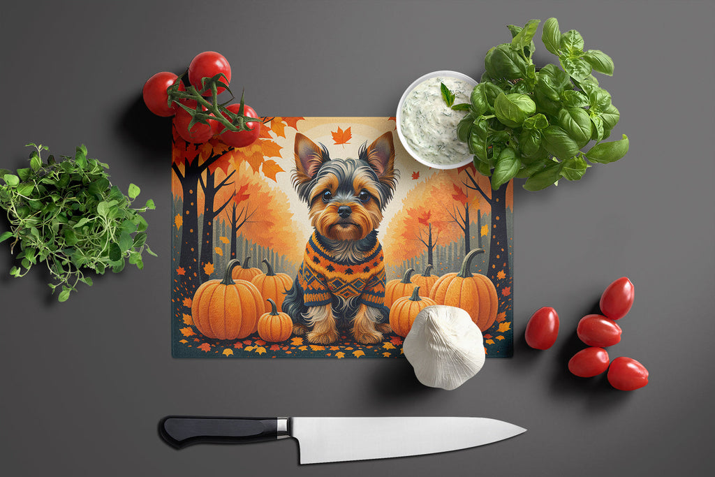 Yorkshire Terrier Fall Cutting Board Tempered Glass Kitchen Cutting Surface, Heat Resistant Chopping, Non-Slip Feet, Food Prep & Serving