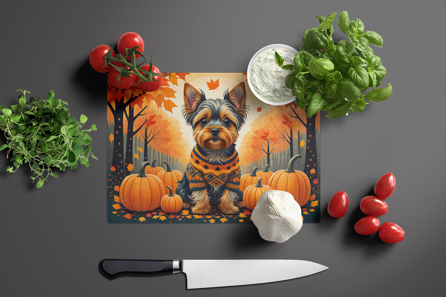 Yorkshire Terrier Fall Cutting Board Tempered Glass Kitchen Cutting Surface, Heat Resistant Chopping, Non-Slip Feet, Food Prep & Serving