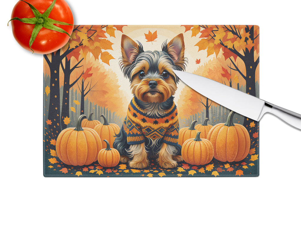 Yorkshire Terrier Fall Cutting Board Tempered Glass Kitchen Cutting Surface, Heat Resistant Chopping, Non-Slip Feet, Food Prep & Serving